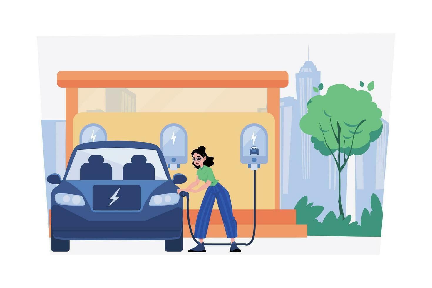 Woman Charges Electric Car At The Power Center vector