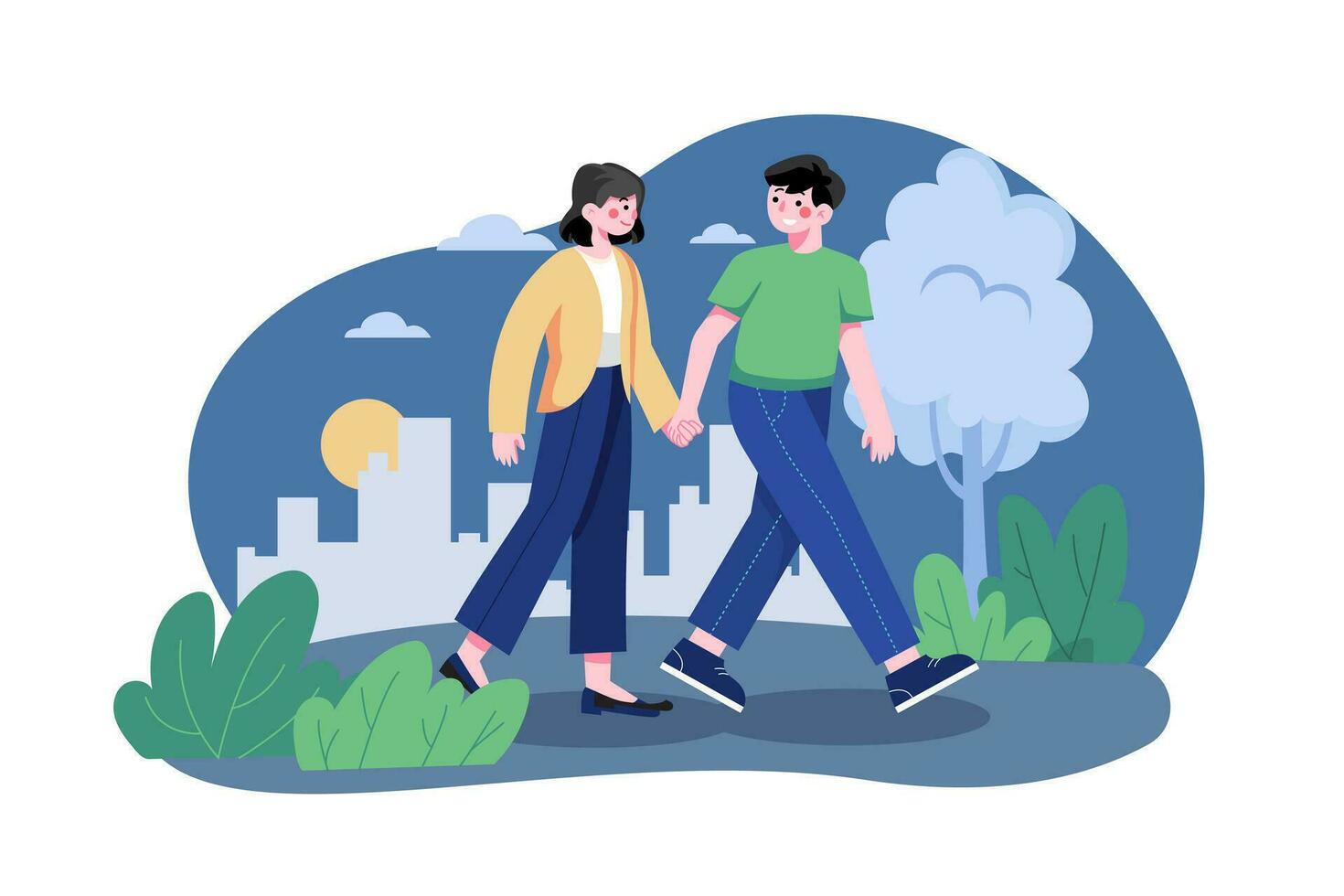 pareja romántica caminando tomados de la mano vector