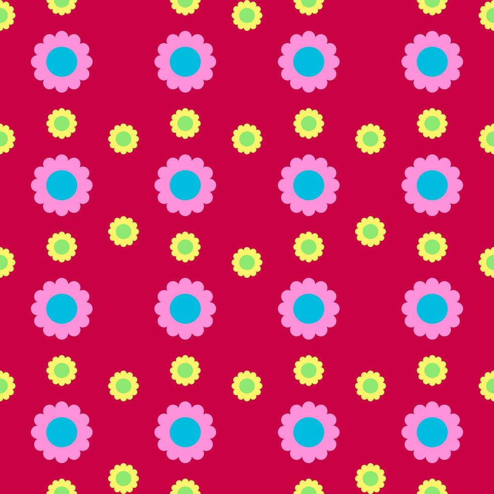Seamless pattern with big pink and blue flower and small yellow and green flower on red background. vector