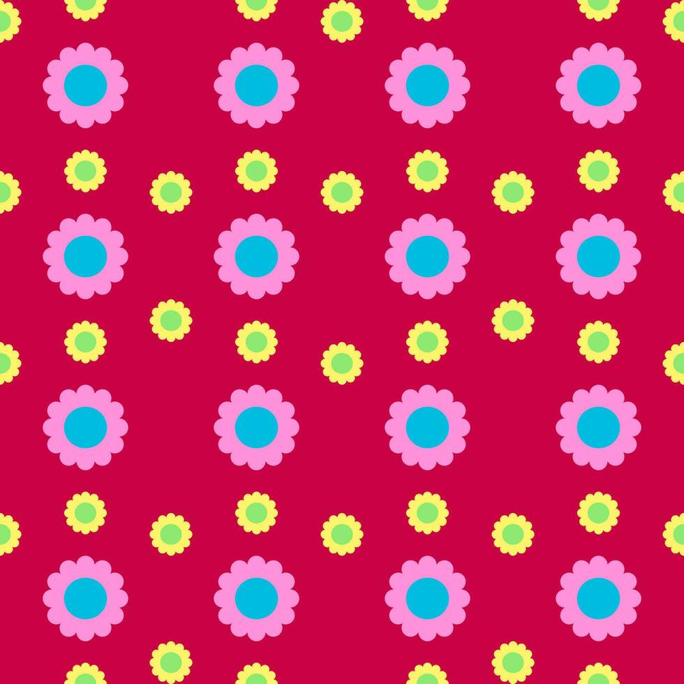 Seamless pattern with big pink and blue flower and small yellow and green flower on red background. vector