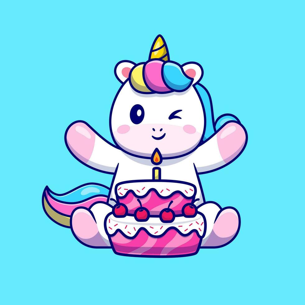 linda unicornio con cumpleaños pastel dibujos animados vector icono ilustración. animal comida icono concepto aislado prima vector. plano dibujos animados estilo