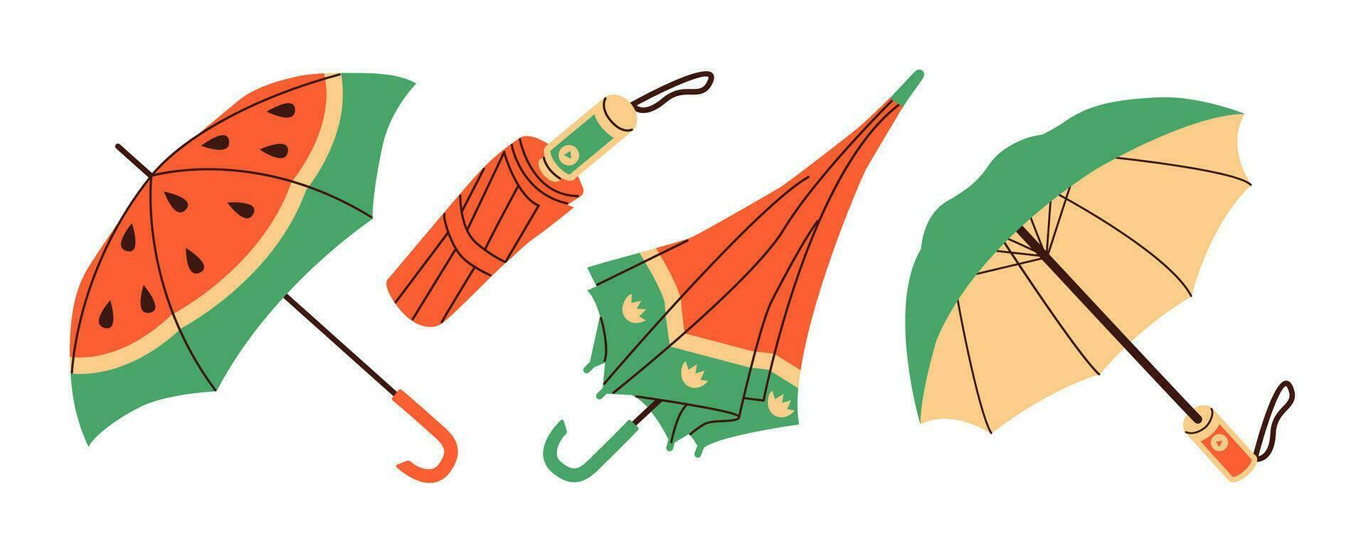 Set of different Umbrellas in various positions, Open and folded umbrellas. Flat vector illustration.