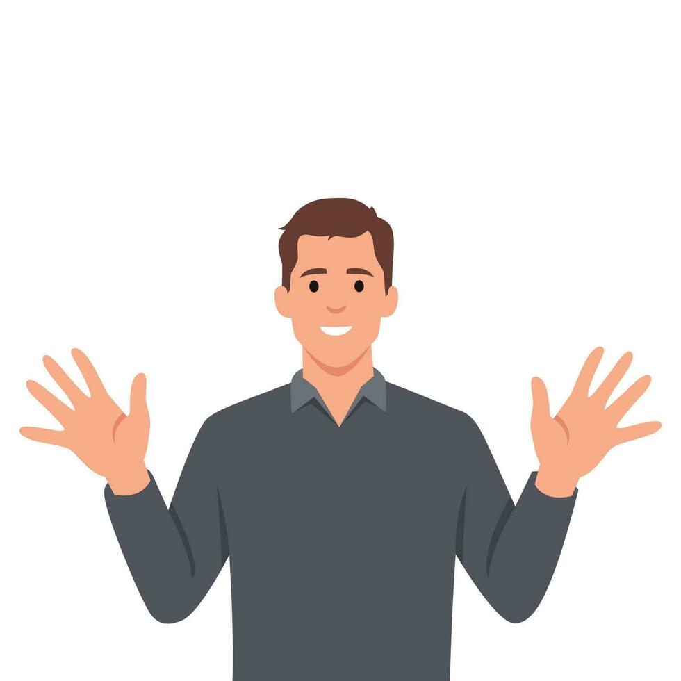 Young man greeting gesture flat vector illustrations set in casual clothes say hello.