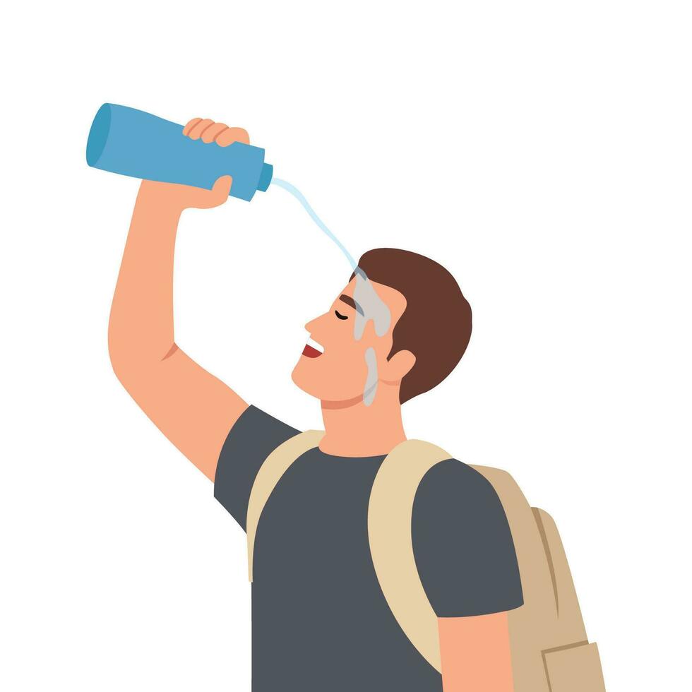 Tired man tourist pouring water on face during long walk in nature in hot weather. Traveler guy with backpack on back exhaustively washes head on go to avoid sunstroke. vector