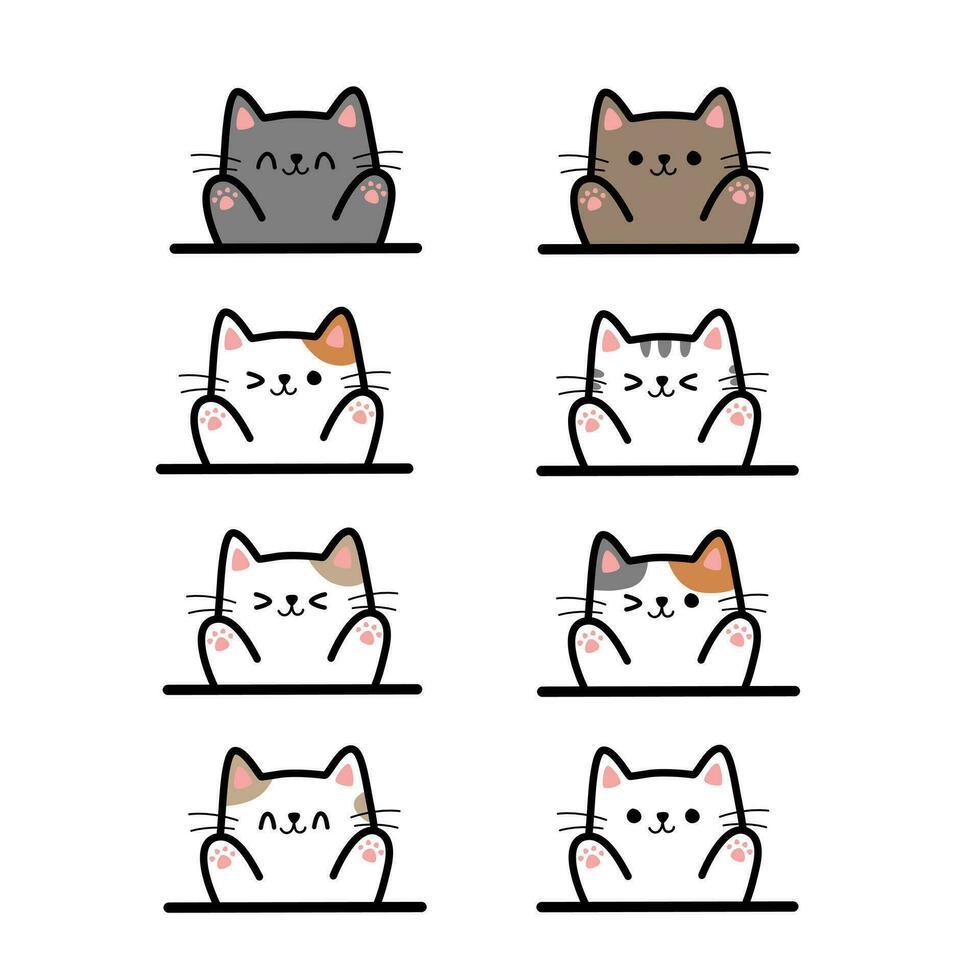 Set of isolated happy cat greeting flat style cartoon doodle element for decorating vector