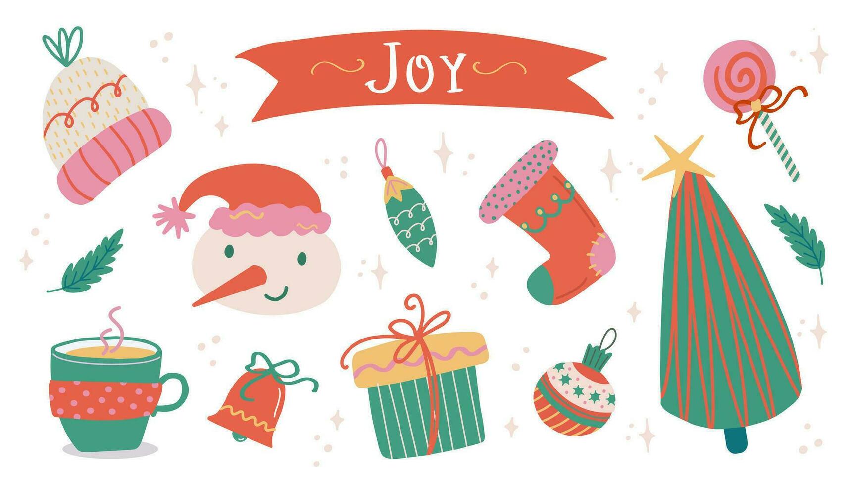 Christmas and New Year elements set. Joy label lettering. Hand drawn vector isolated cute stickers. Snowman, Christmas tree, stocking, lollipop, mug, tree toys. Good for cards, prints, posters