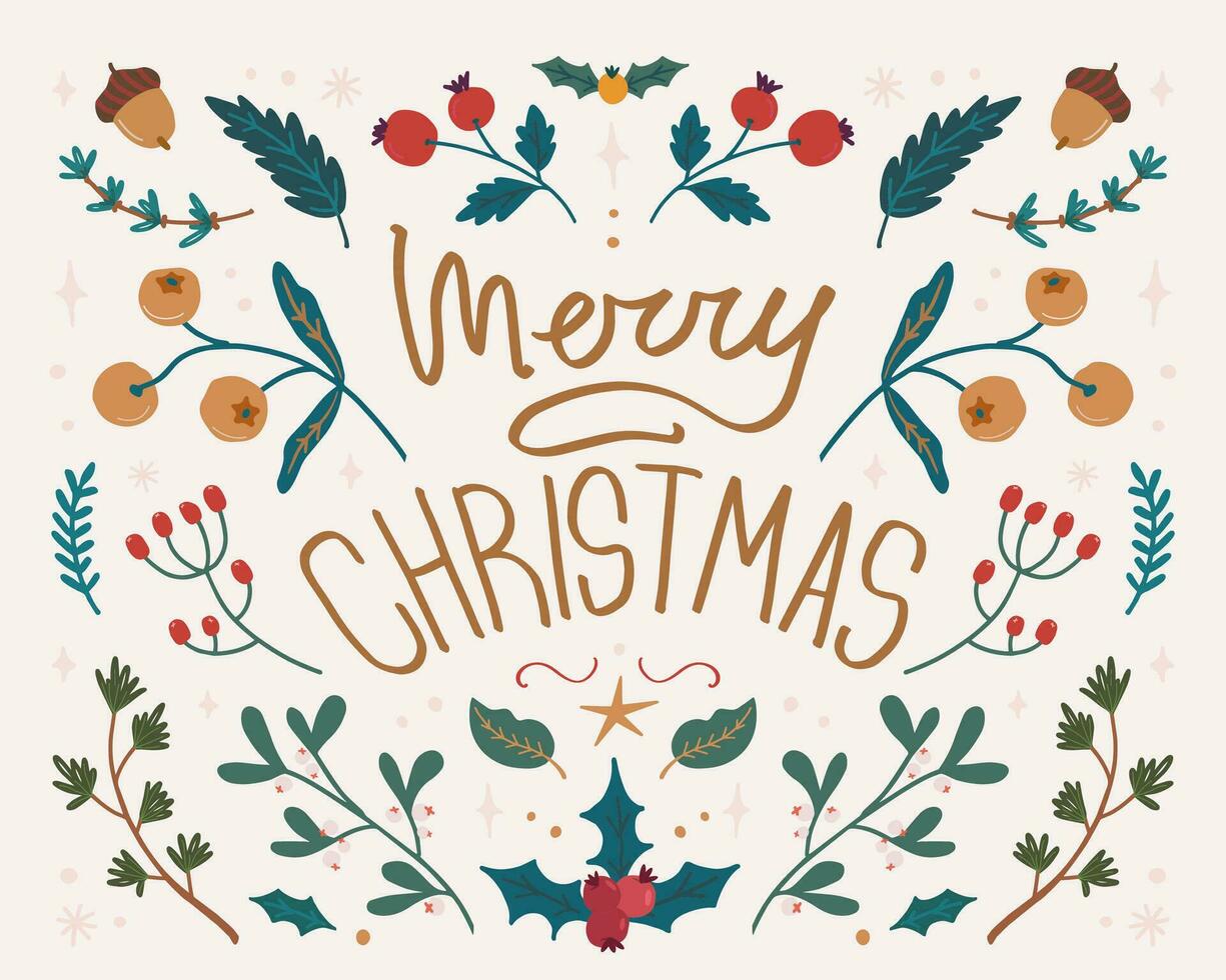 Modern Christmas symmetrical ornament card in folk style. Merry Christmas lettering. Hand drawn vector illustration