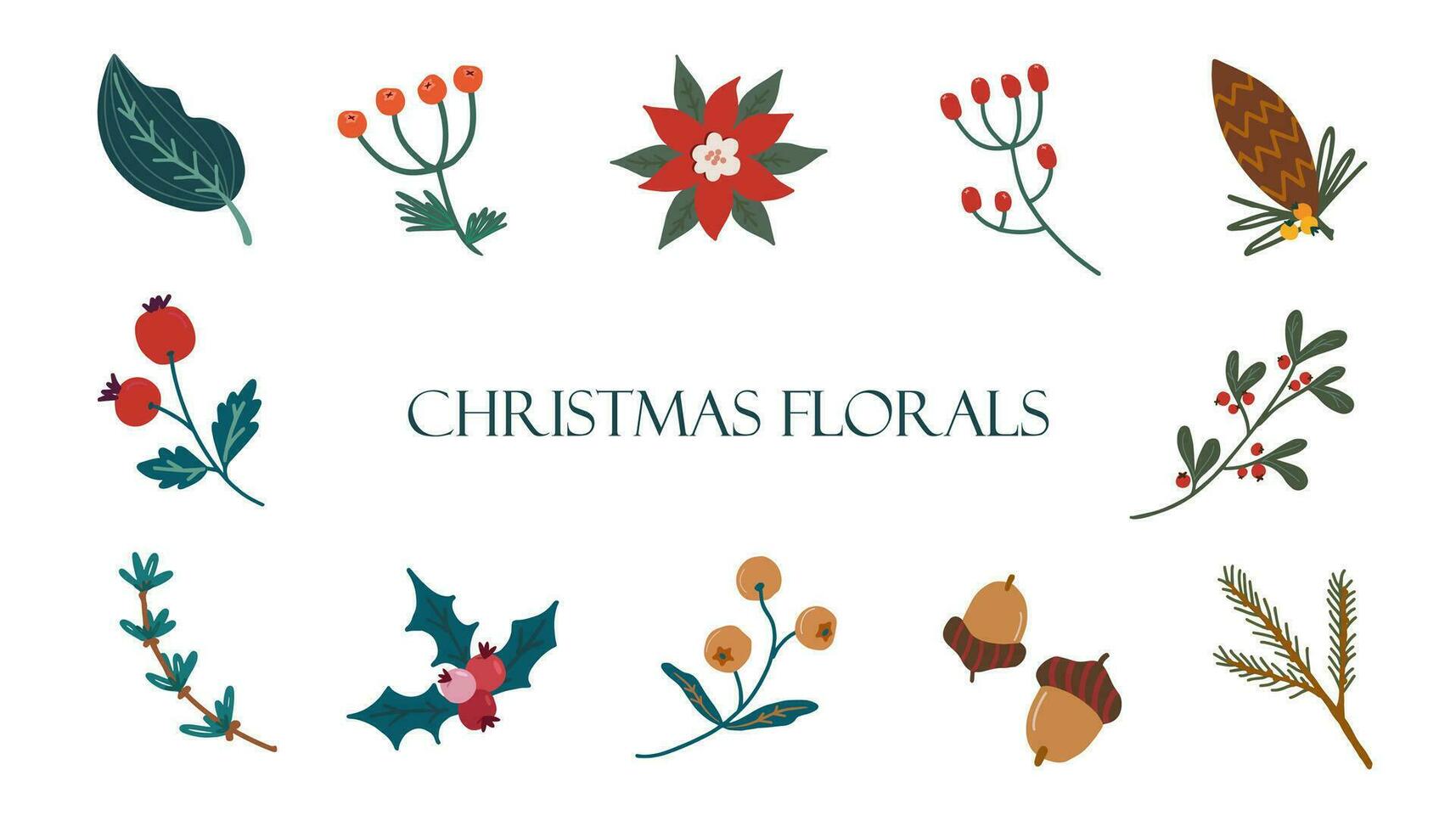 conjunto de Navidad florales. festivo brillante decorativo hojas, flores y sucursales. mano dibujado moderno vector aislado clipart