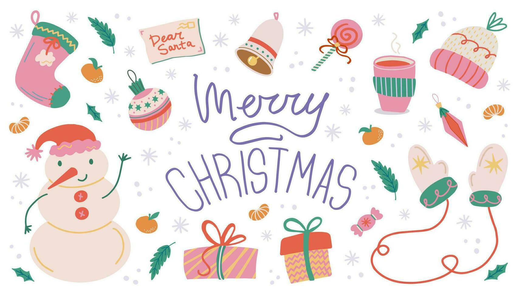 Trendy Merry Christmas and New Year elements set. Hand drawn vector isolated cute stickers. Snowman, mittens, knitted hat, tanderines, tree toys, bell. Good for cards, prints, posters