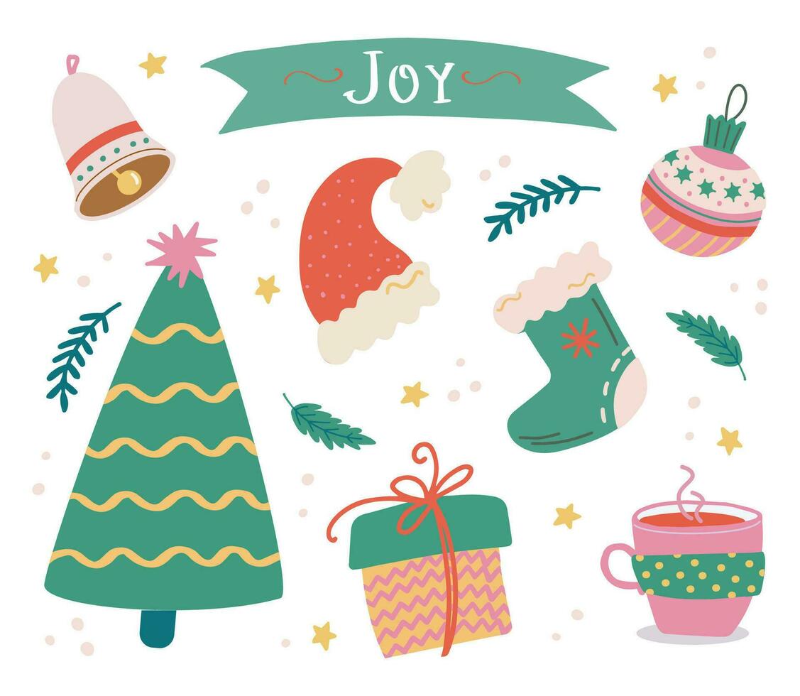 Modern Christmas and New Year elements set. Joy label lettering. Hand drawn vector isolated stickers. Christmas tree, Santas hat, gift box, mug, tree toys, bell. Good for cards, prints, posters