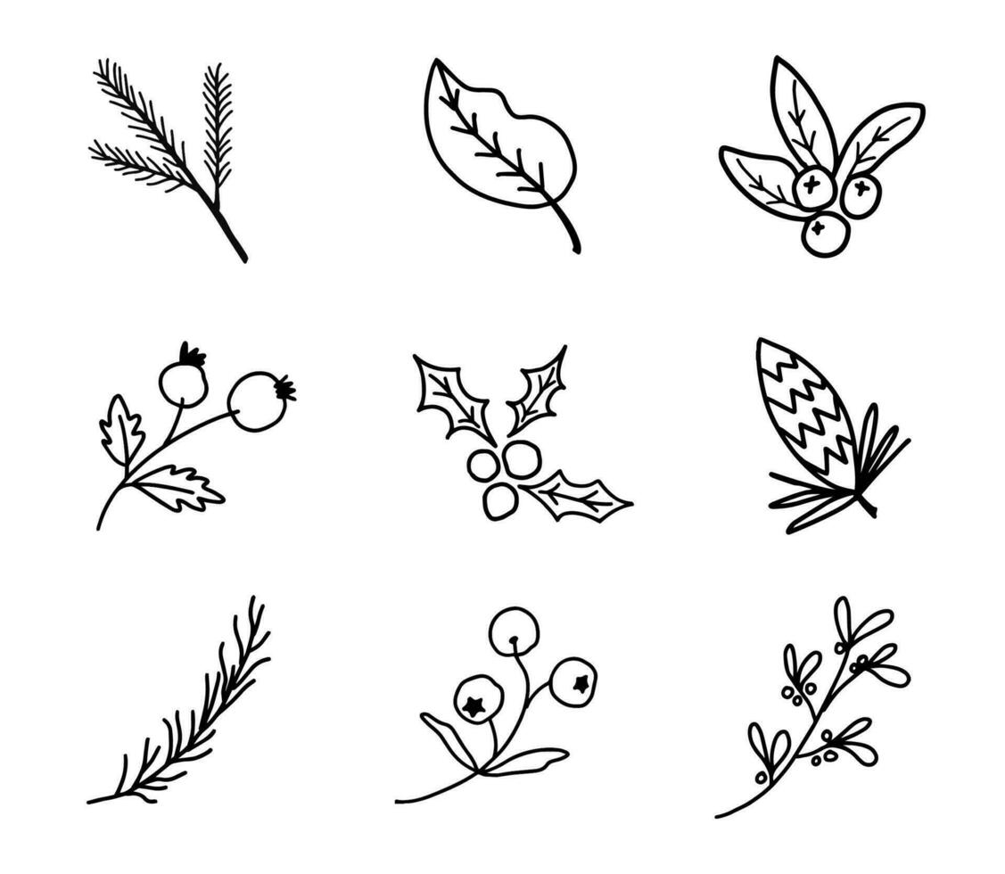 Set of Christmas florals. Festive black outline decorative leaves, flowers and branches. Hand drawn modern vector isolated clipart