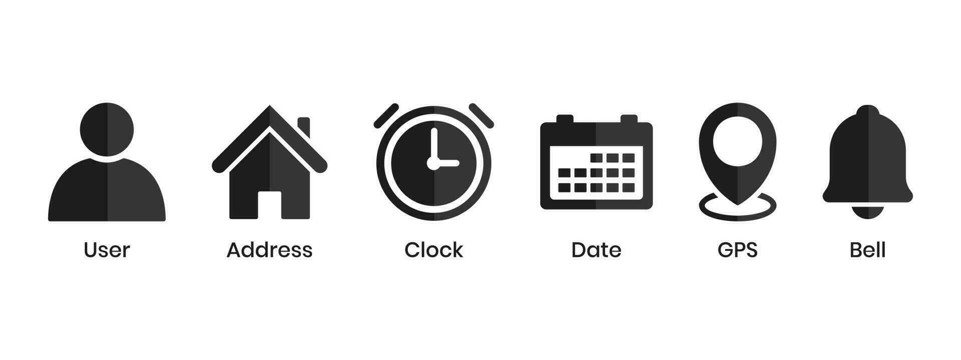 Clock Time Icon, Home Address Button, Pin Location Place, Bell Notification Reminder Icon, Date Calendar Symbol, Profile, Business Icon Set, User Interface, Official Hours, Deadline Design Elements vector