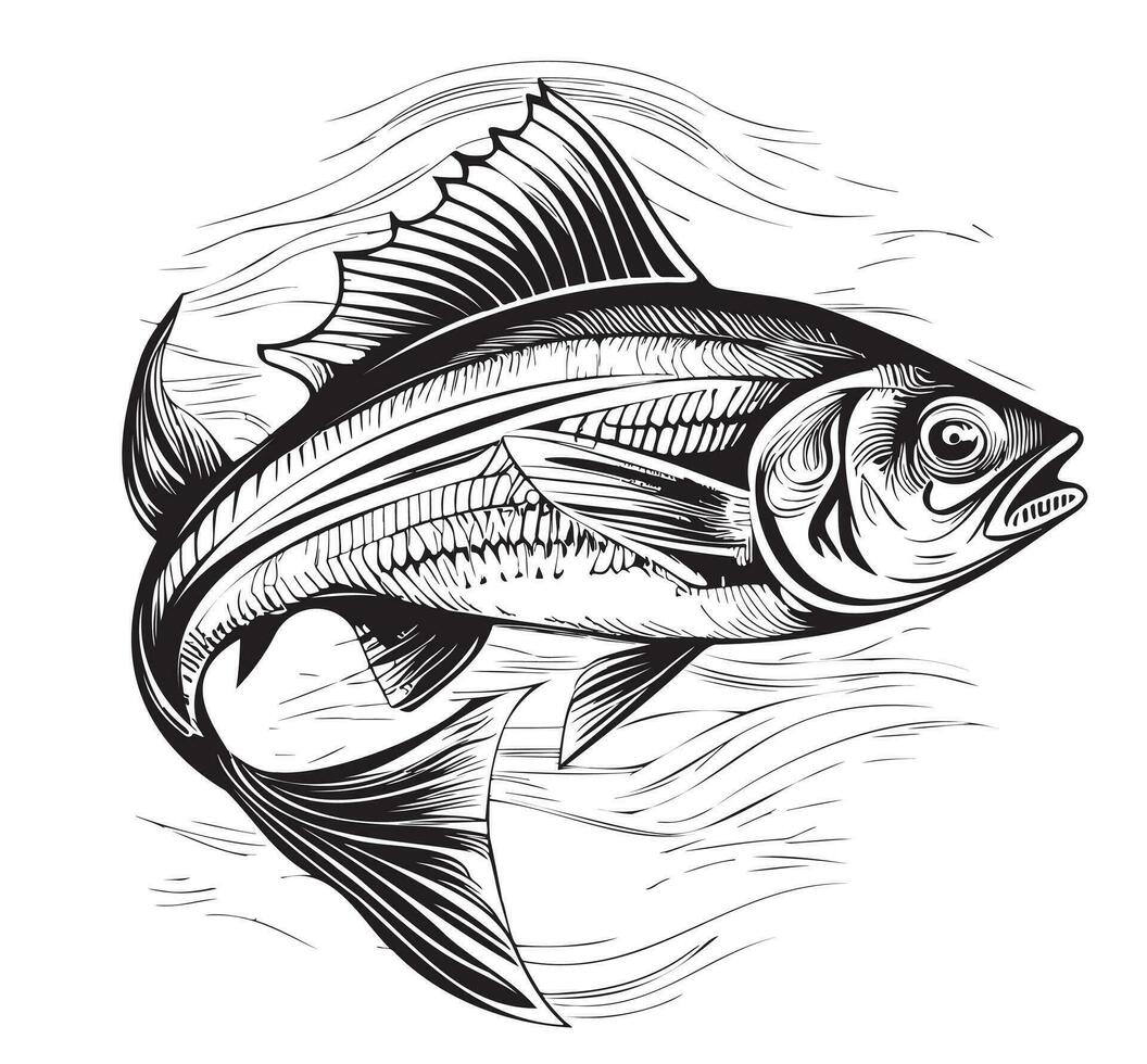 Fish on the waves sketch hand drawn in doodle style Vector illustration
