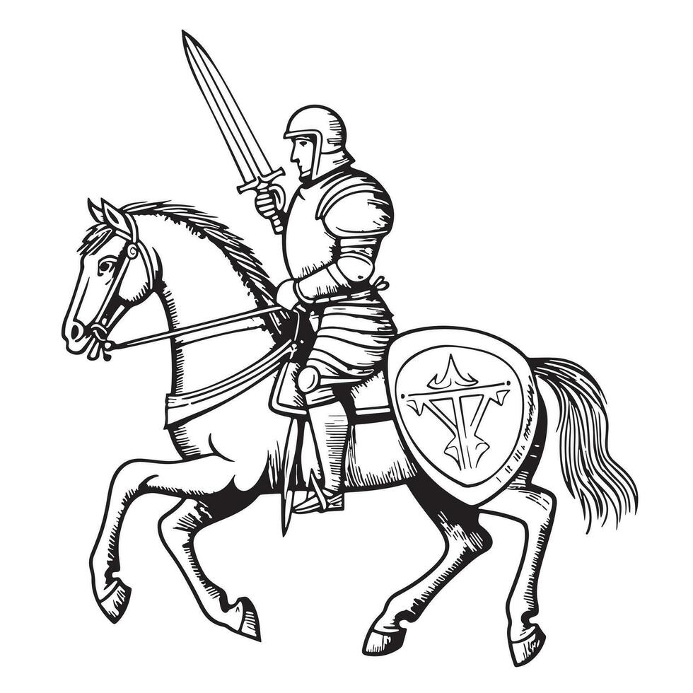 Caballero con espada en lado de caballo mano dibujado bosquejo heráldica vector ilustración