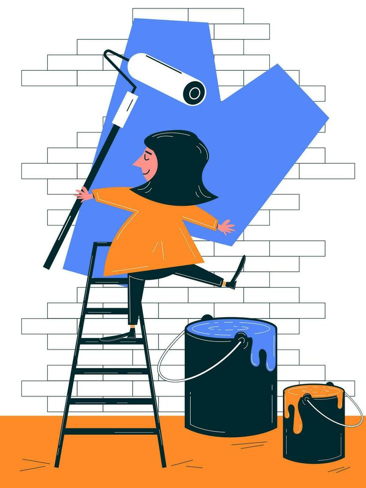 Painter character in retro style. Painting tools. Wall painting. Home repairs. Vector illustration in retro linear style. Aesthetics of the 60s, 70s.
