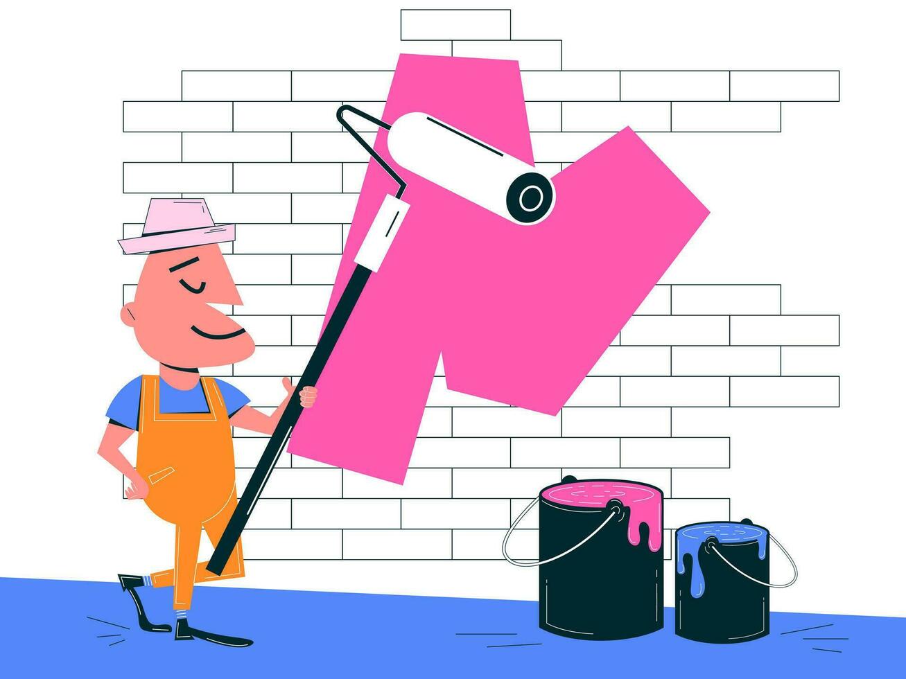 Painter character in retro style. Painting tools. Wall painting. Home repairs. Vector illustration in retro linear style. Aesthetics of the 60s, 70s.