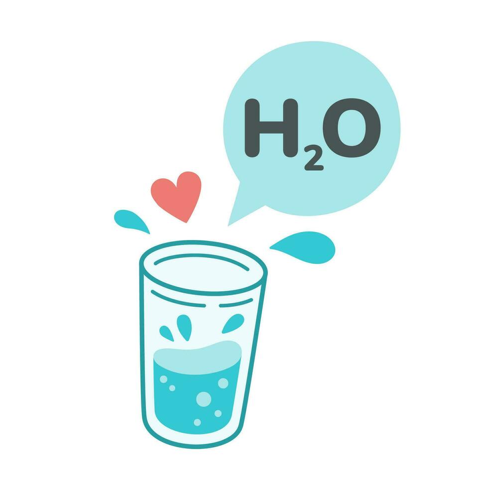 Water glass with text H2O. Drink more water concept. Hand drawn Vector illustration, flat design, isolated on white background.