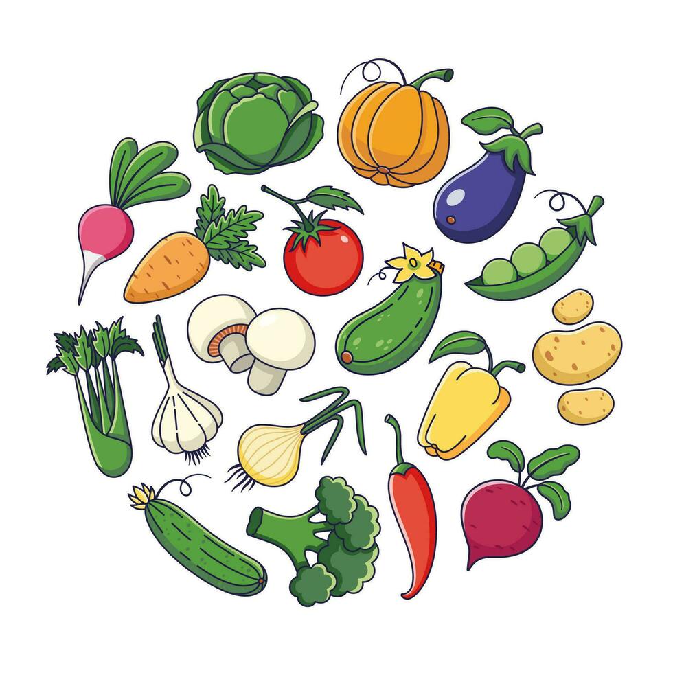 Cute vegetables set in cartoon style. Outline Vegetables collection. Veggies icons, stickers, mascots. Vector illustration isolated on white background.