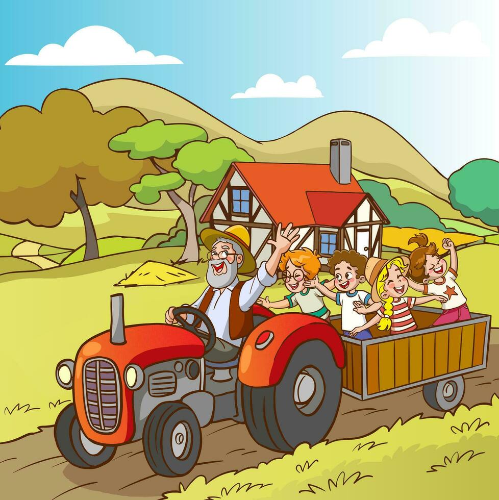 vector ilustración de pueblo paisaje y abuelo nietos.granjero familia montando tractor