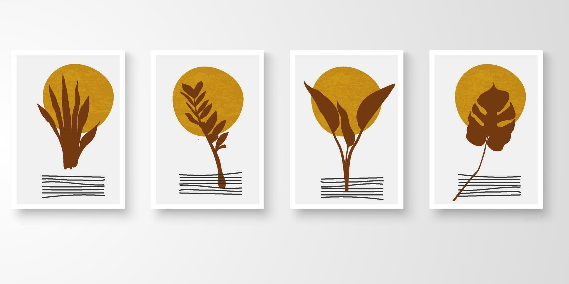 Set of wall art in white frames.Foliage line art drawing with abstract organic shape composition earth tone. Moon plants sand art vector illustration.
