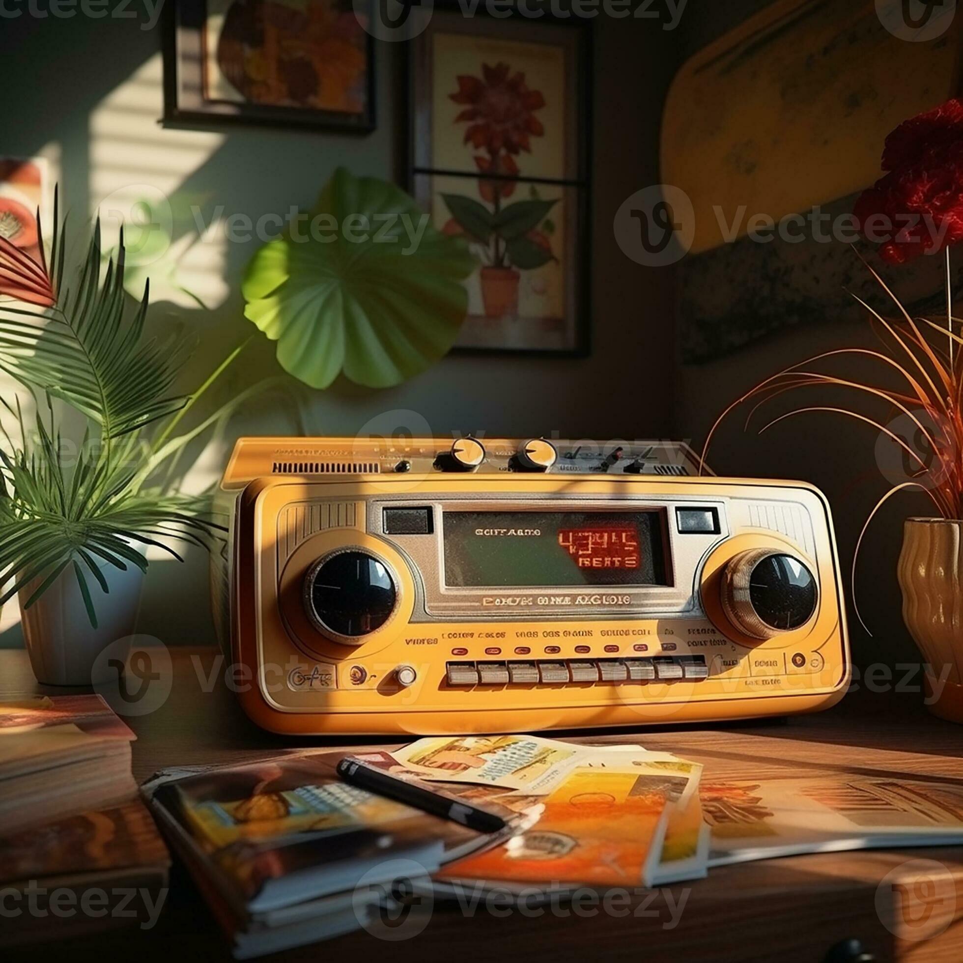 Retro old radio on the desk. 90's concepts. Vintage style filtered