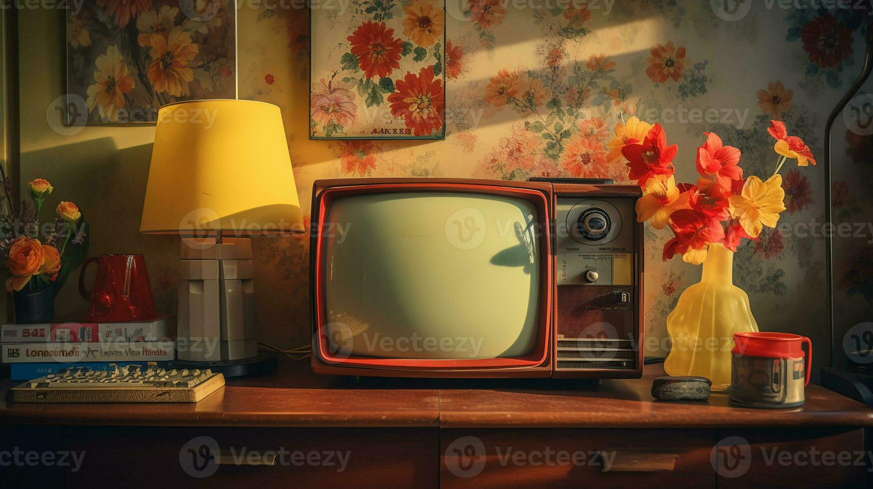Retro old television on the desk. 90's concepts. Vintage style filtered photo. Generative AI photo