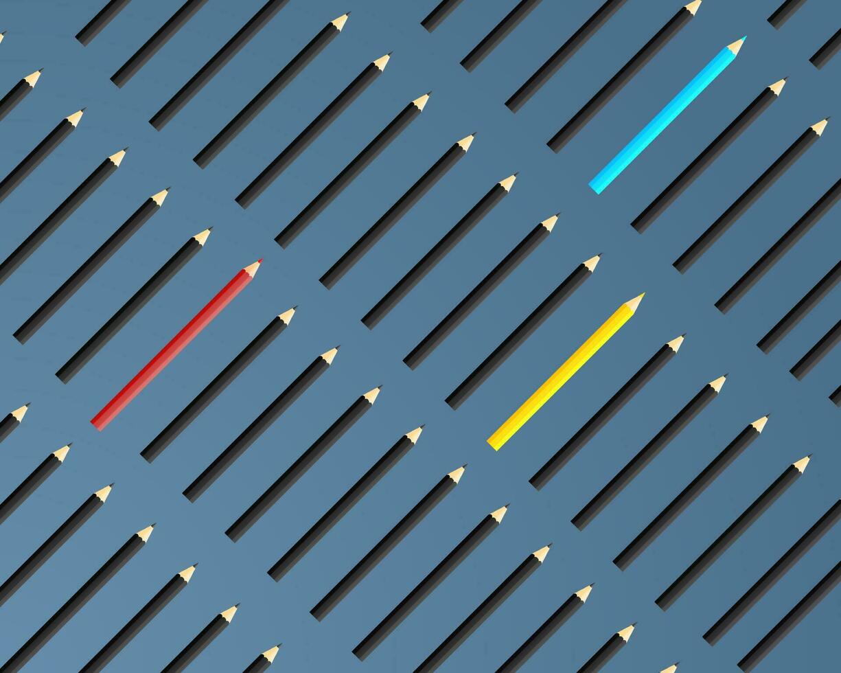 Businesses think of different concepts. Red, yellow, blue color pencil among black color pencil. unique and creative. vector