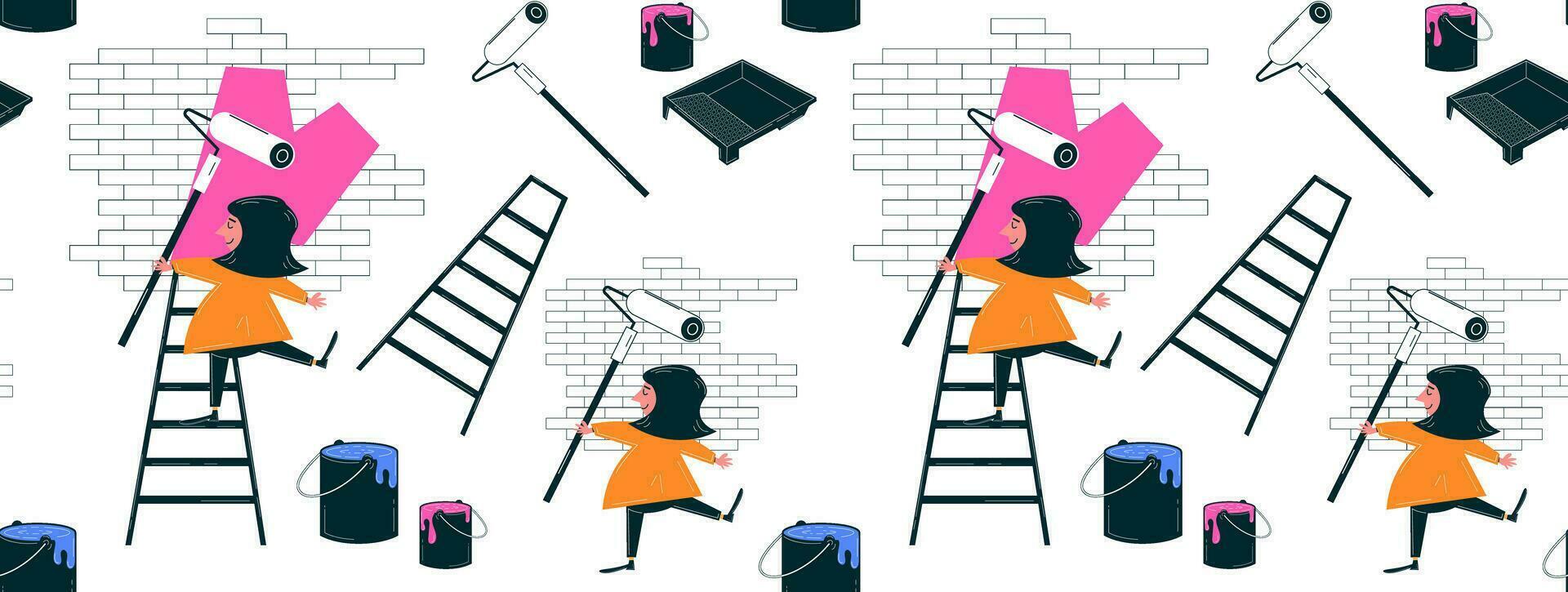 Seamless pattern with painting tools. Vector seamless background in retro style with the character of a house painter at work. Vintage illustration from 60s, 70s. Retro linear illustration.