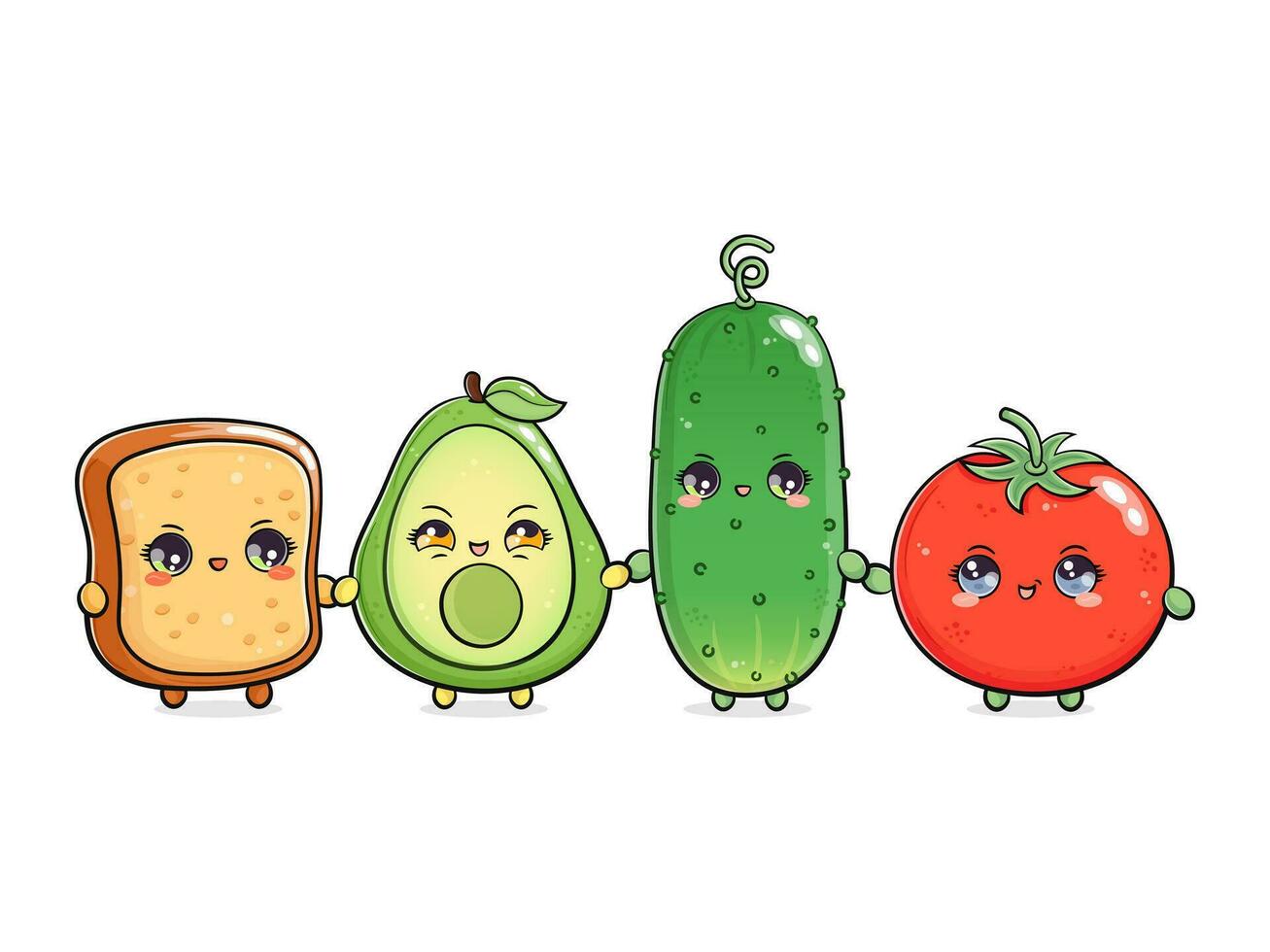 Avocado bread tomato and cucumber. Vector hand drawn doodle style cartoon character illustration icon design. Happy Avocado bread tomato cucumber friends concept card