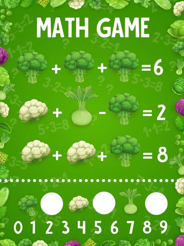 matemáticas juego hoja de cálculo, dibujos animados repollo vegetales vector