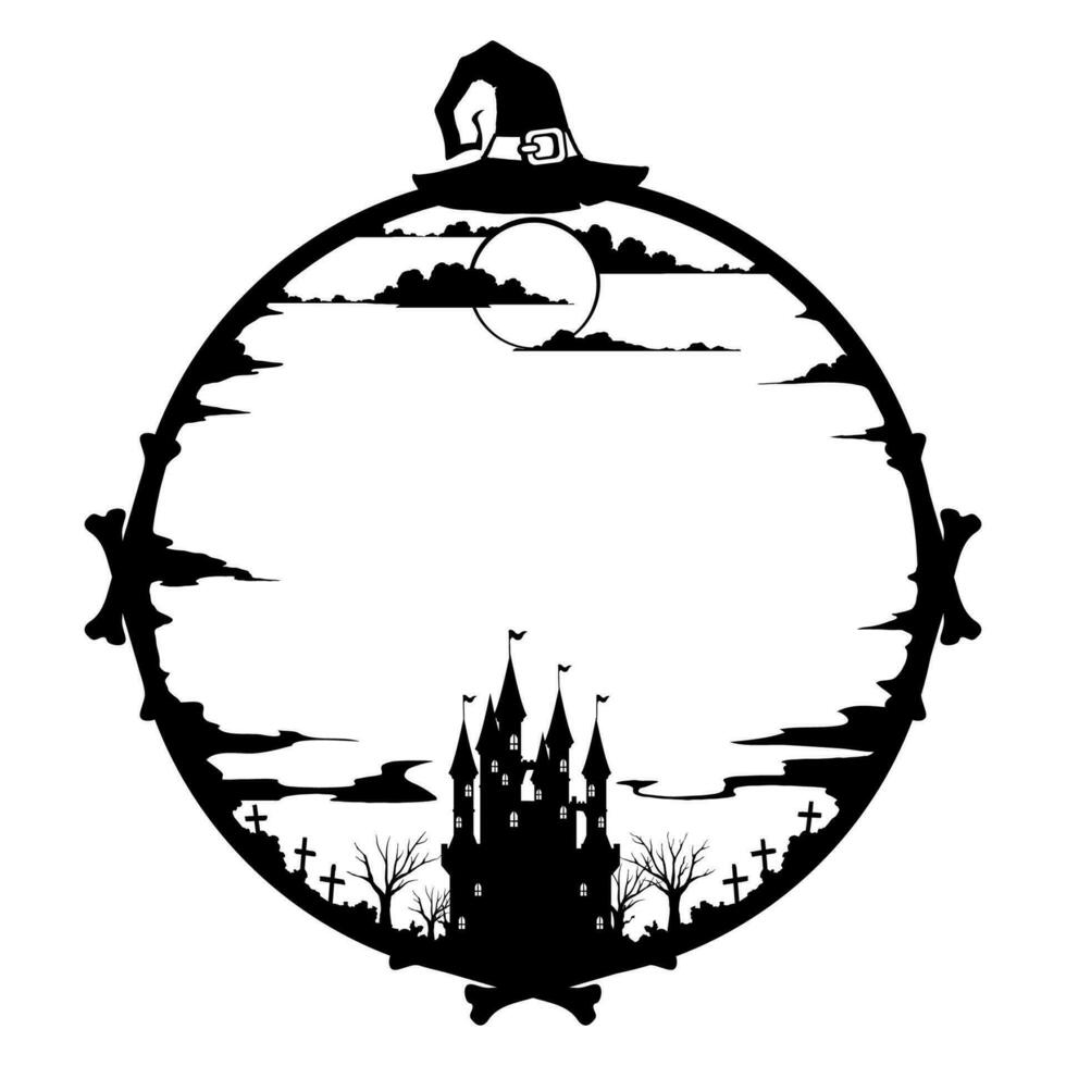 Halloween holiday black frame with castle, hat vector