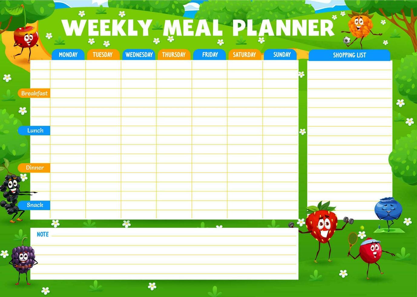 Weekly meal eat planner, cartoon berry characters vector