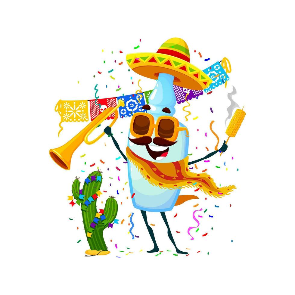 Mexican tequila bottle character on holiday party vector