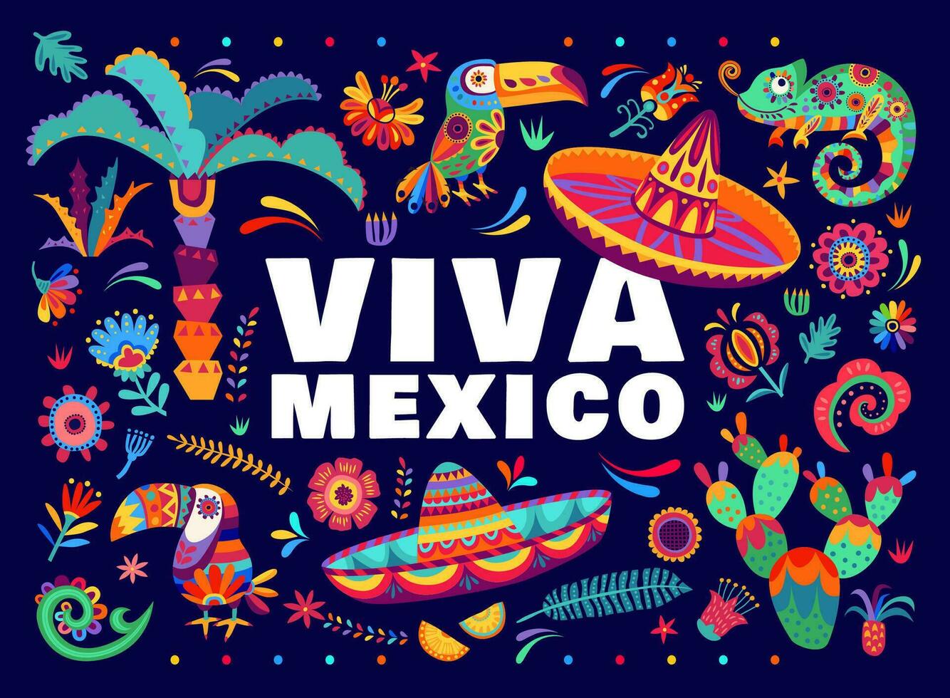 Viva mexico banner with tropical flowers, cactuses vector
