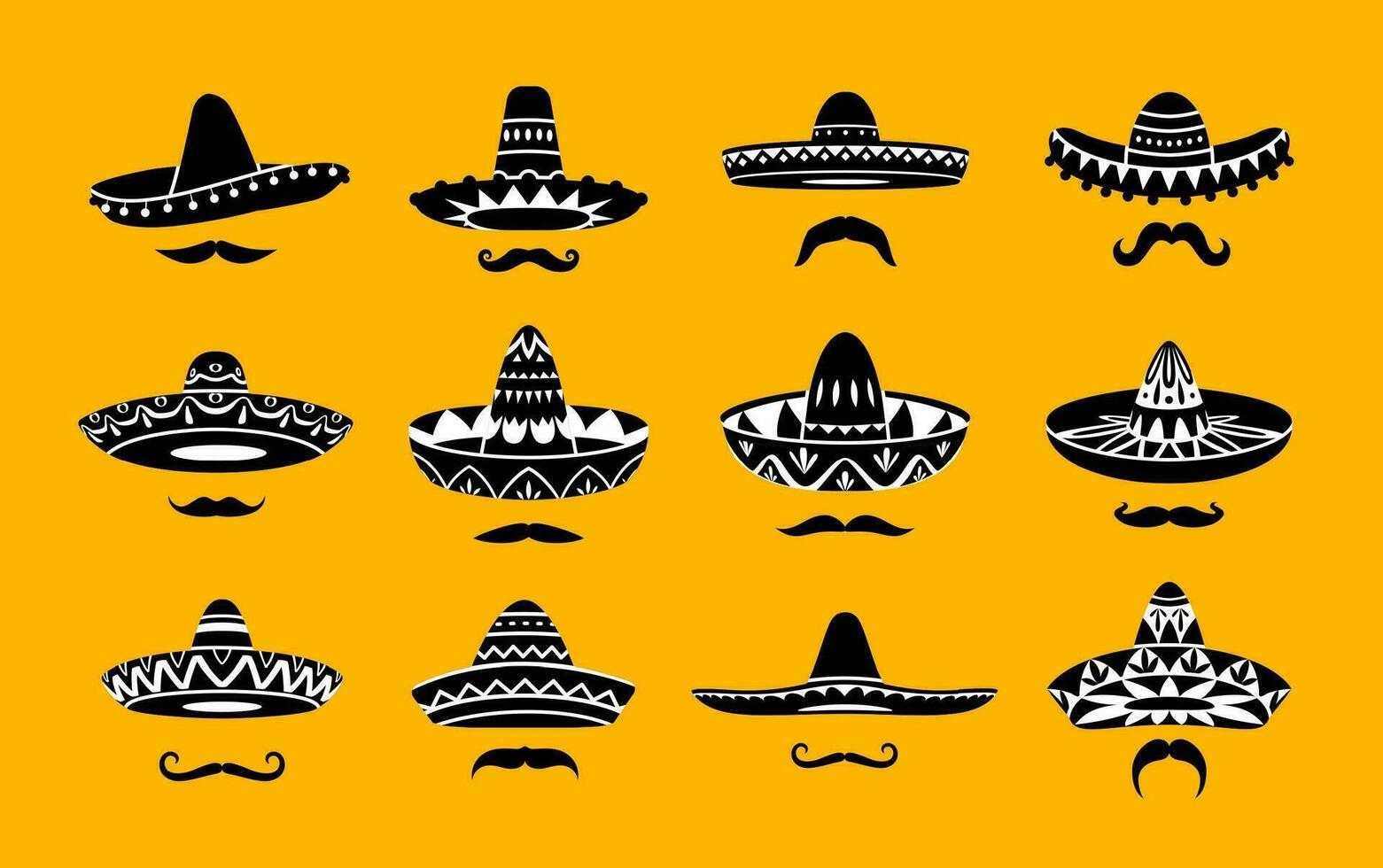 Mexican sombrero hat icons and moustaches set vector