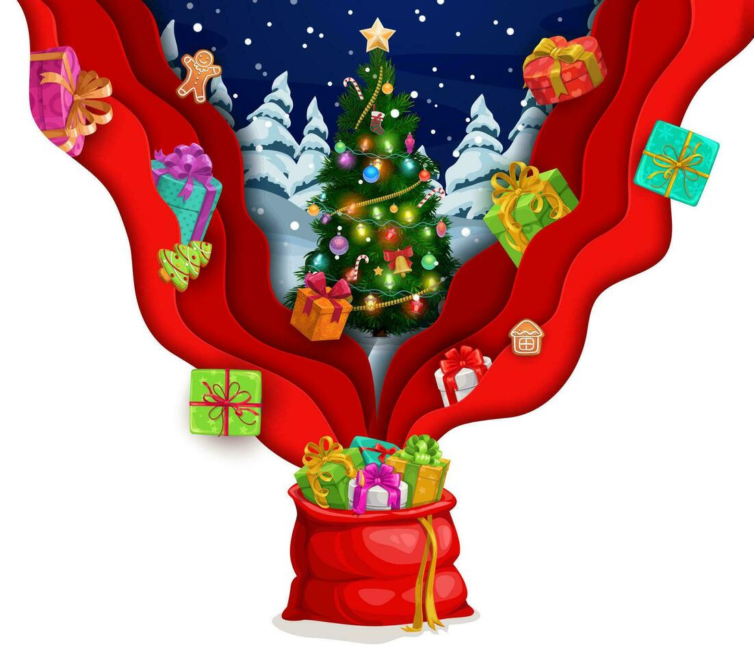 Navidad papel cortar regalos bolso y que cae regalos vector