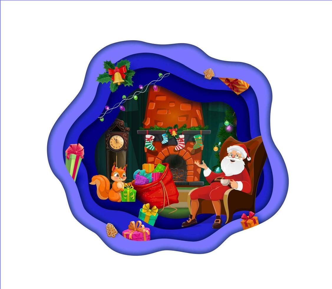 Christmas paper cut cartoon Santa near fireplace vector
