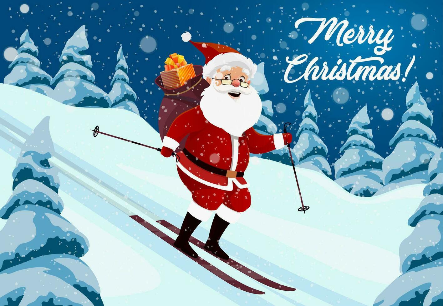 Santa Claus skiing at winter Christmas forest vector