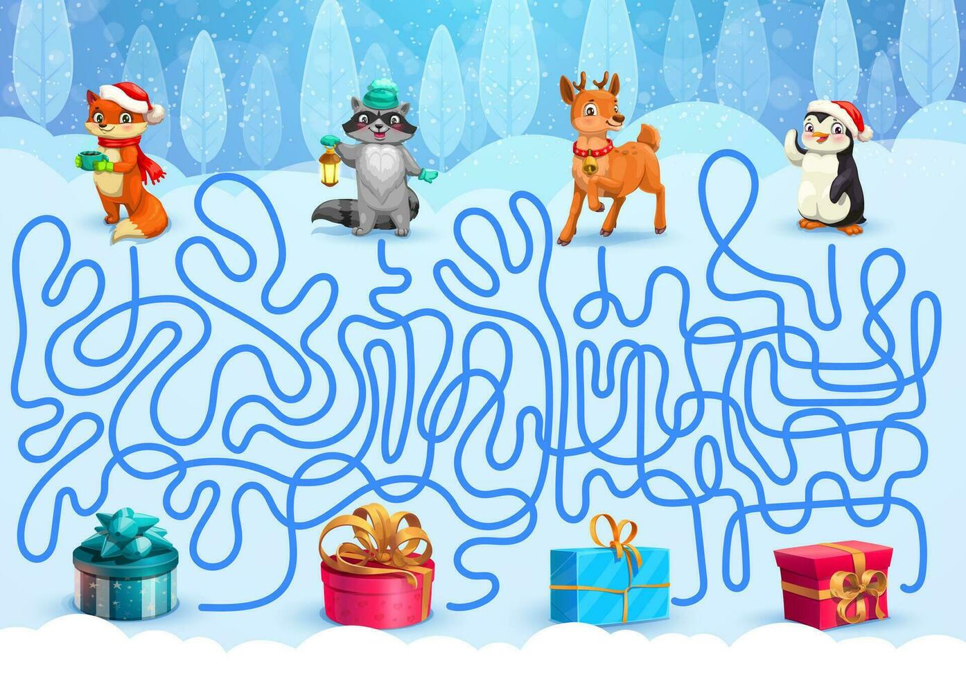 Christmas labyrinth maze maze with cartoon animals vector