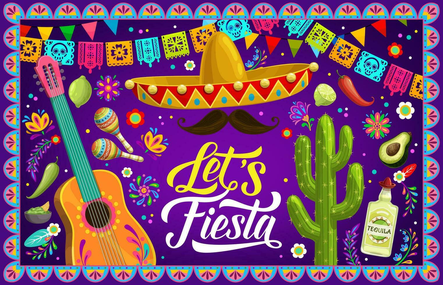 Mexican fiesta party banner with sombrero, guitar vector