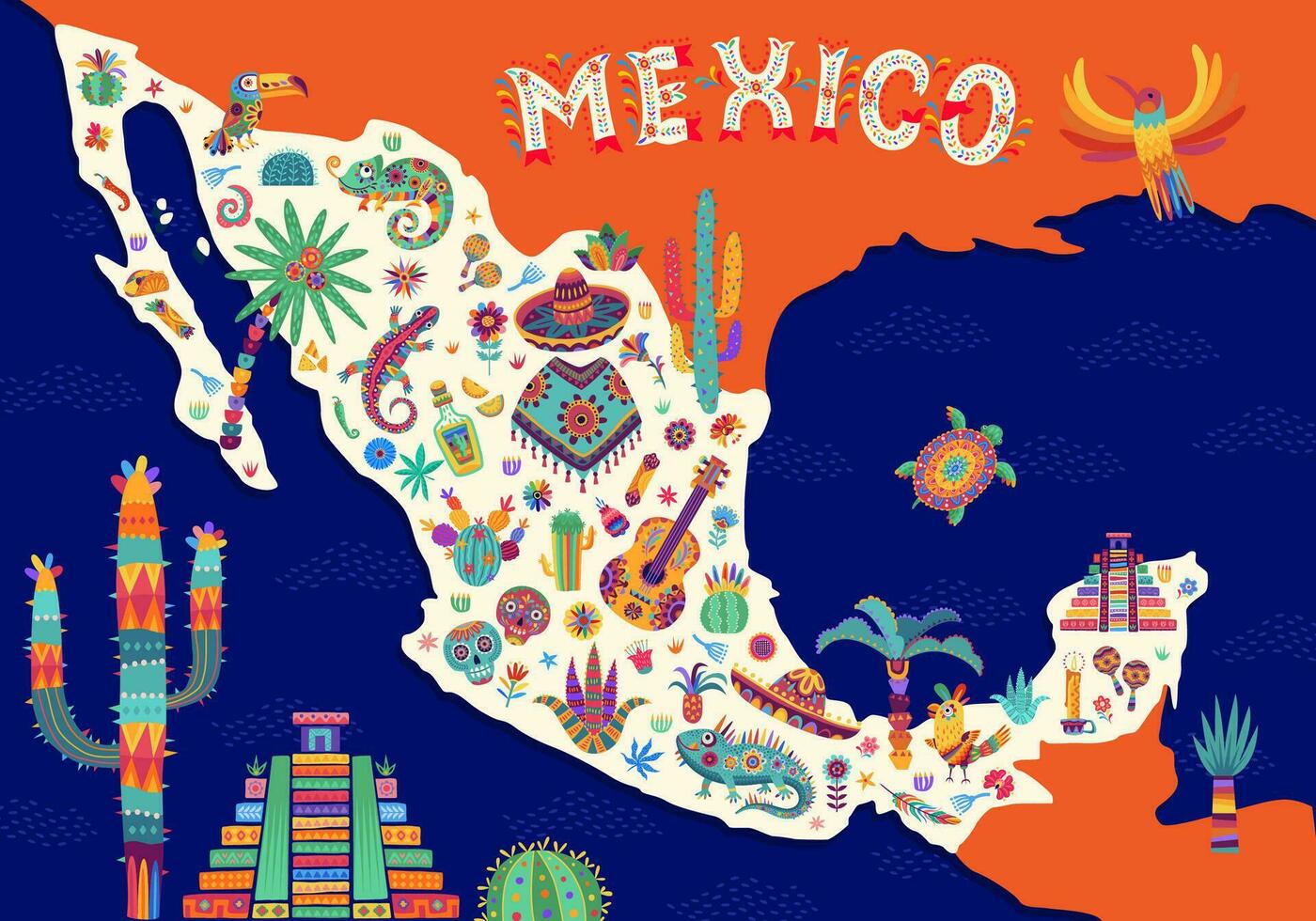 dibujos animados mexicano viaje mapa con mexico puntos de referencia vector