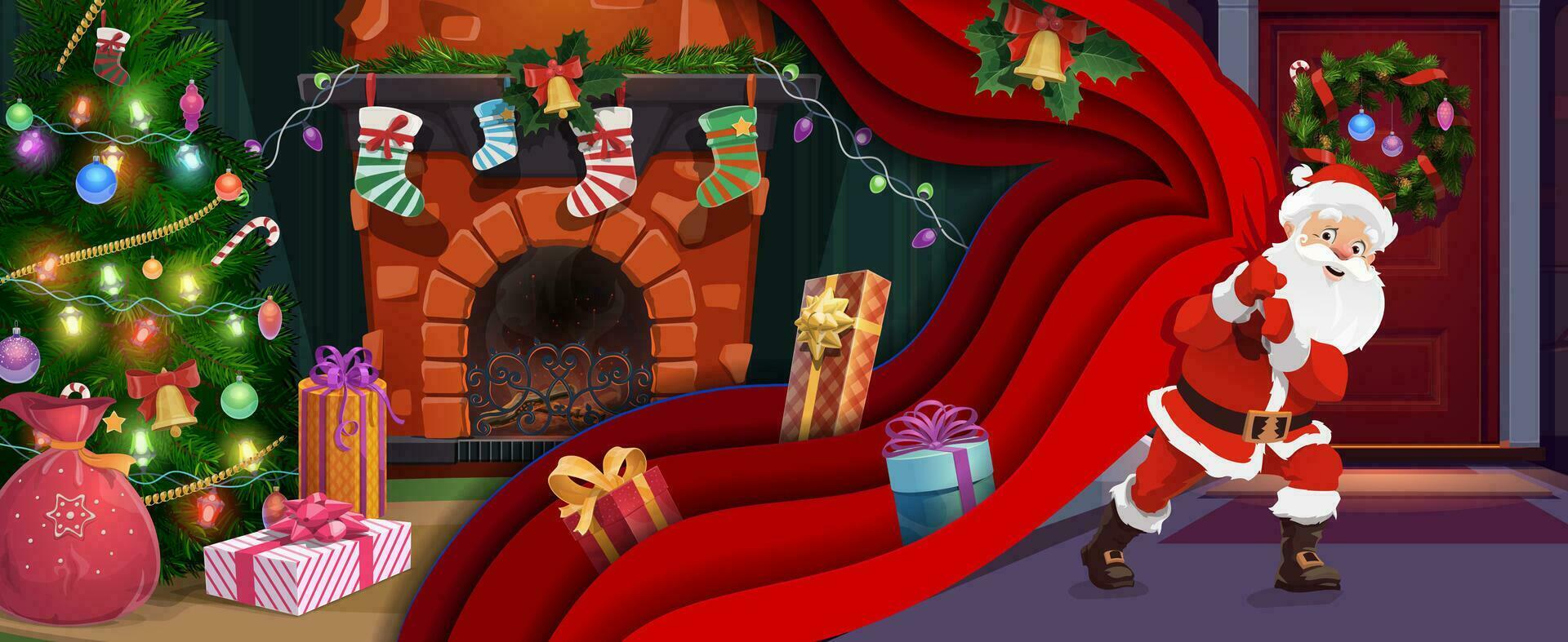 Christmas paper cut banner, fireplace and socks vector