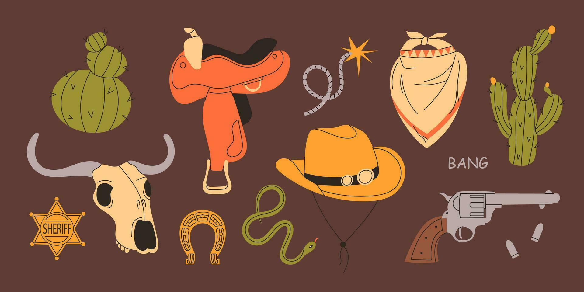 Wild west set. Various objects. Cowboy theme. Cute vector set of hand drawn cowboy elements. Collection of different stickers with cactus, hat, snake, skull, horseshoe saddle, revolverf. stock graphic