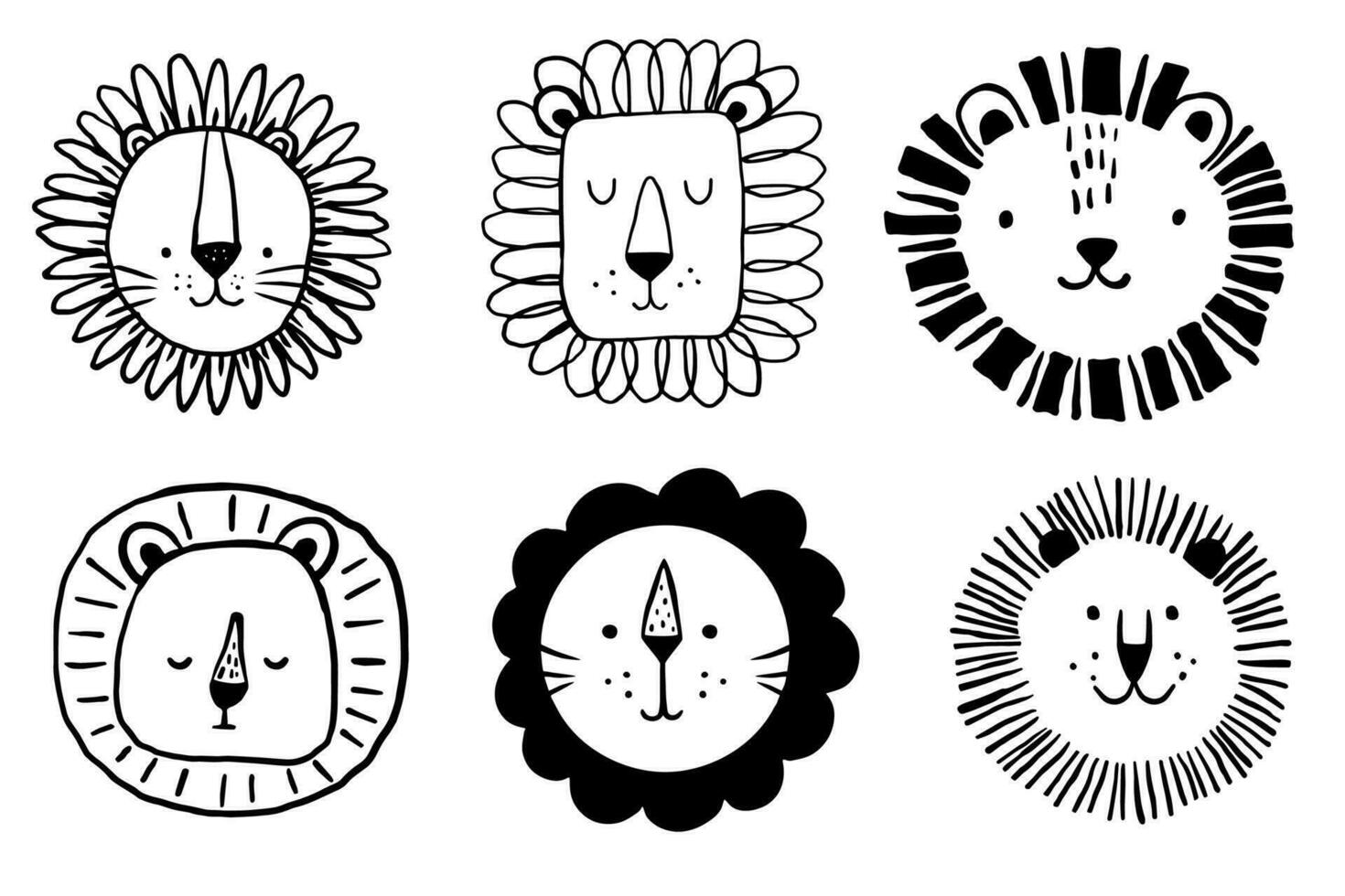 Lion heads set. Funny vector character drawing. Childrens drawing drawn black pen