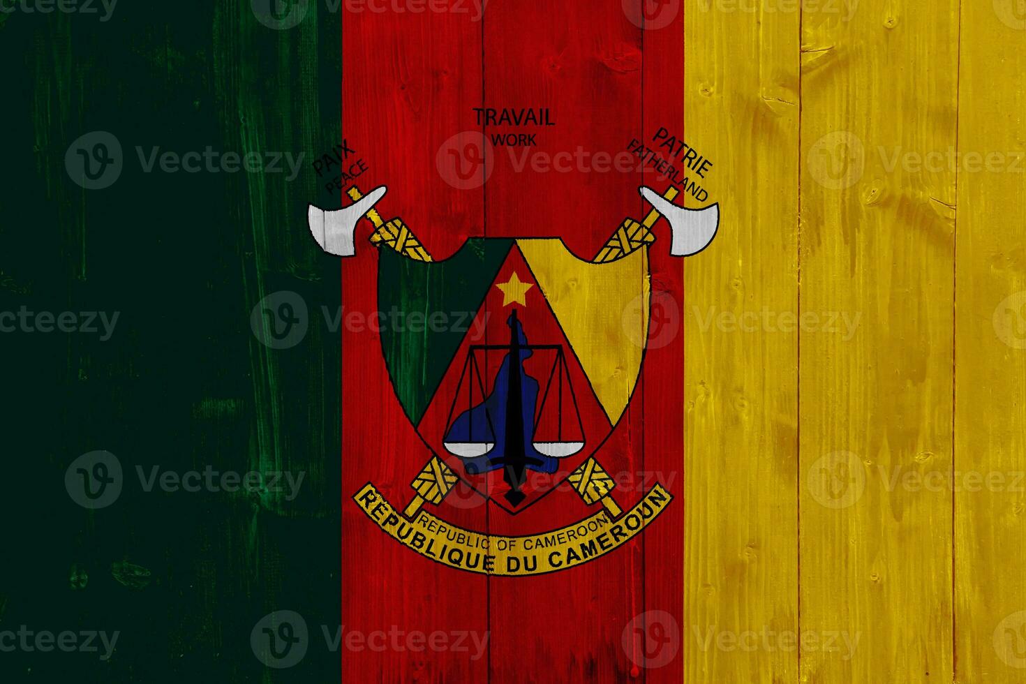 Flag and coat of arms of the Republic of Cameroon on a textured background. Concept collage. photo