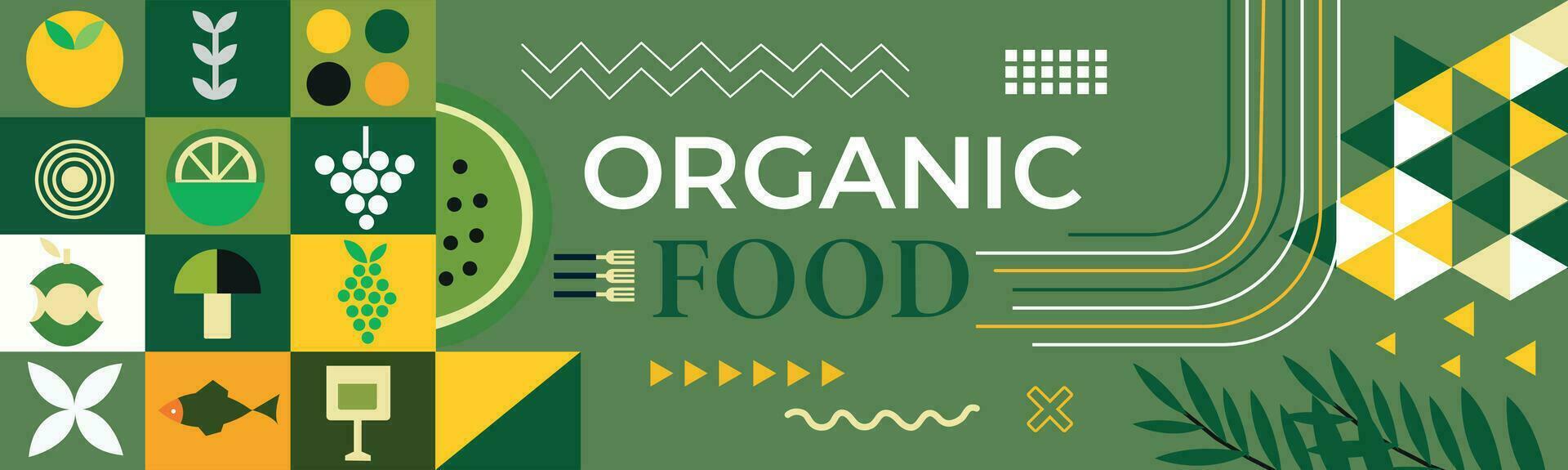 Organic food banner in flat style. Fruits and cereals Abstract geometric retro shapes .Great for flyer, web poster, natural products presentation templates, cover design. vector