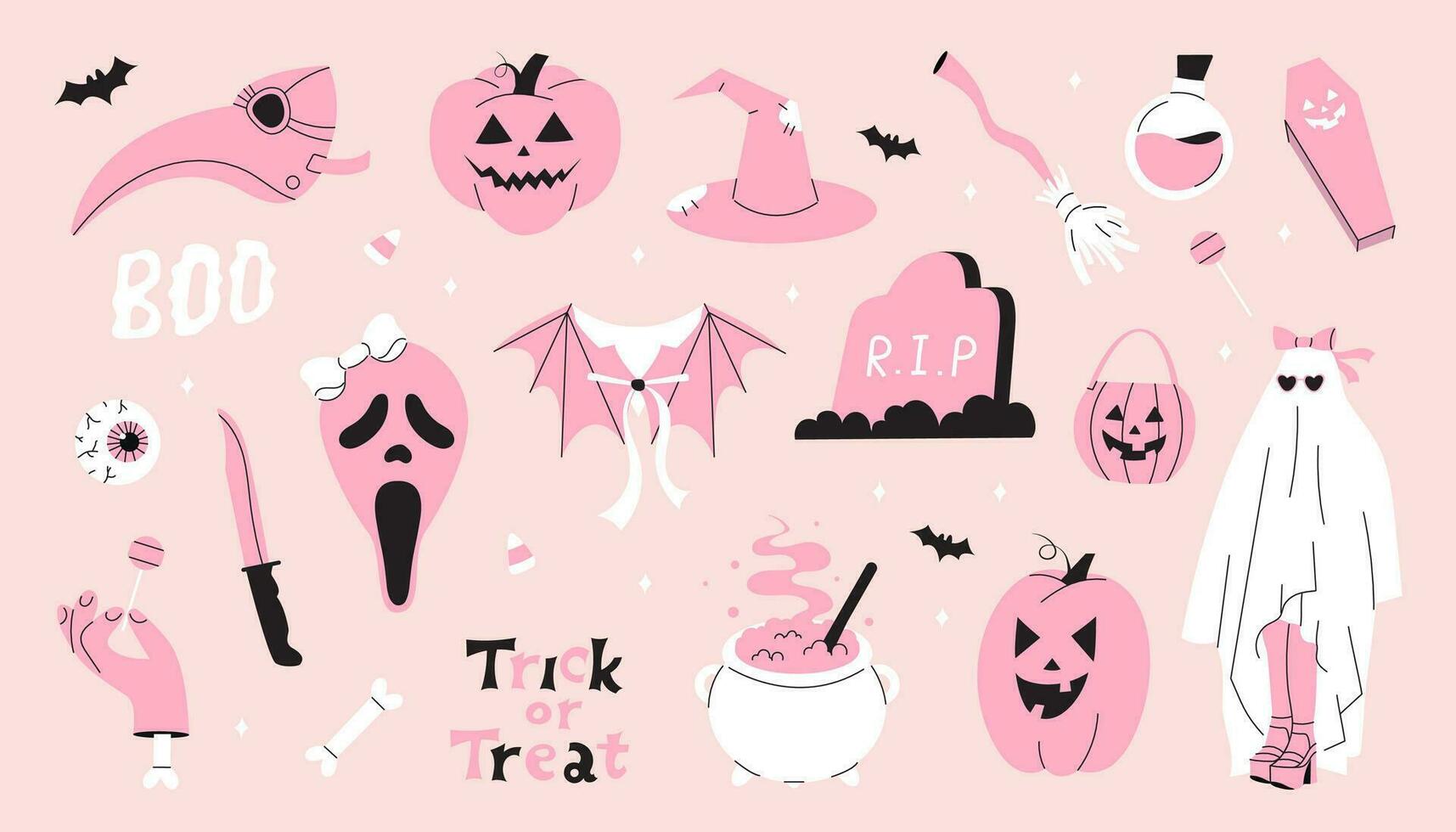 Pink set of Halloween different stickers. Isolated decorative elements in hand-drawn style ghost, mask, knife, witch's cauldron, eye, pumpkin, bat. Vector stock illustration on a pink background.