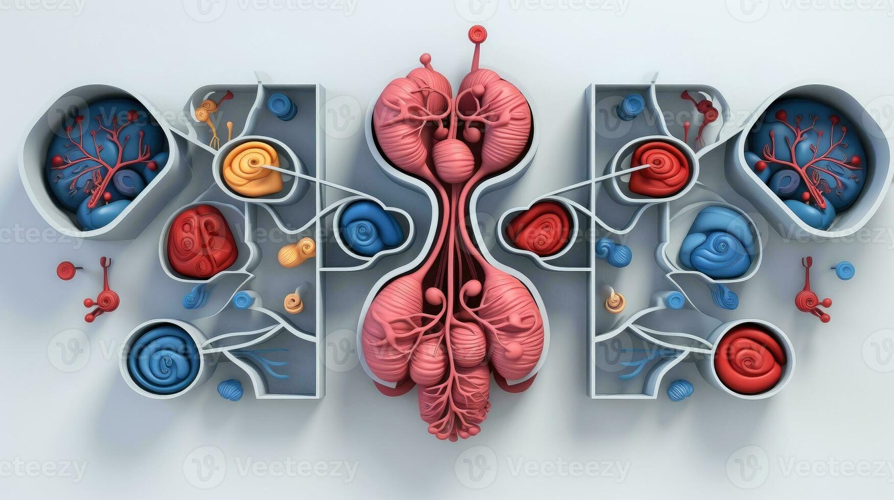 3D illustration mockup of the human organ system, Anatomy, Nervous, circulatory, digestive, excretory, urinary,and bone systems. Medical education concept, Generative AI illustration photo