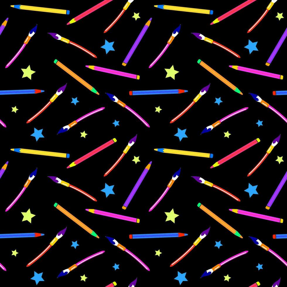 Funny colorful seamless pattern with school supplies and creative elements. Back to school on black background. vector