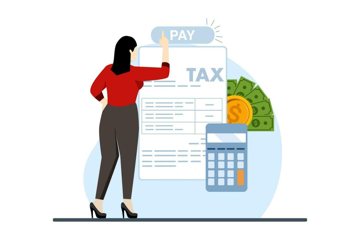 Tax return concept, optimization, financial accounting. Successful businesswoman paying big taxes with calculator. Tax deduction. Vector illustration in flat design for UI, banner, mobile app.